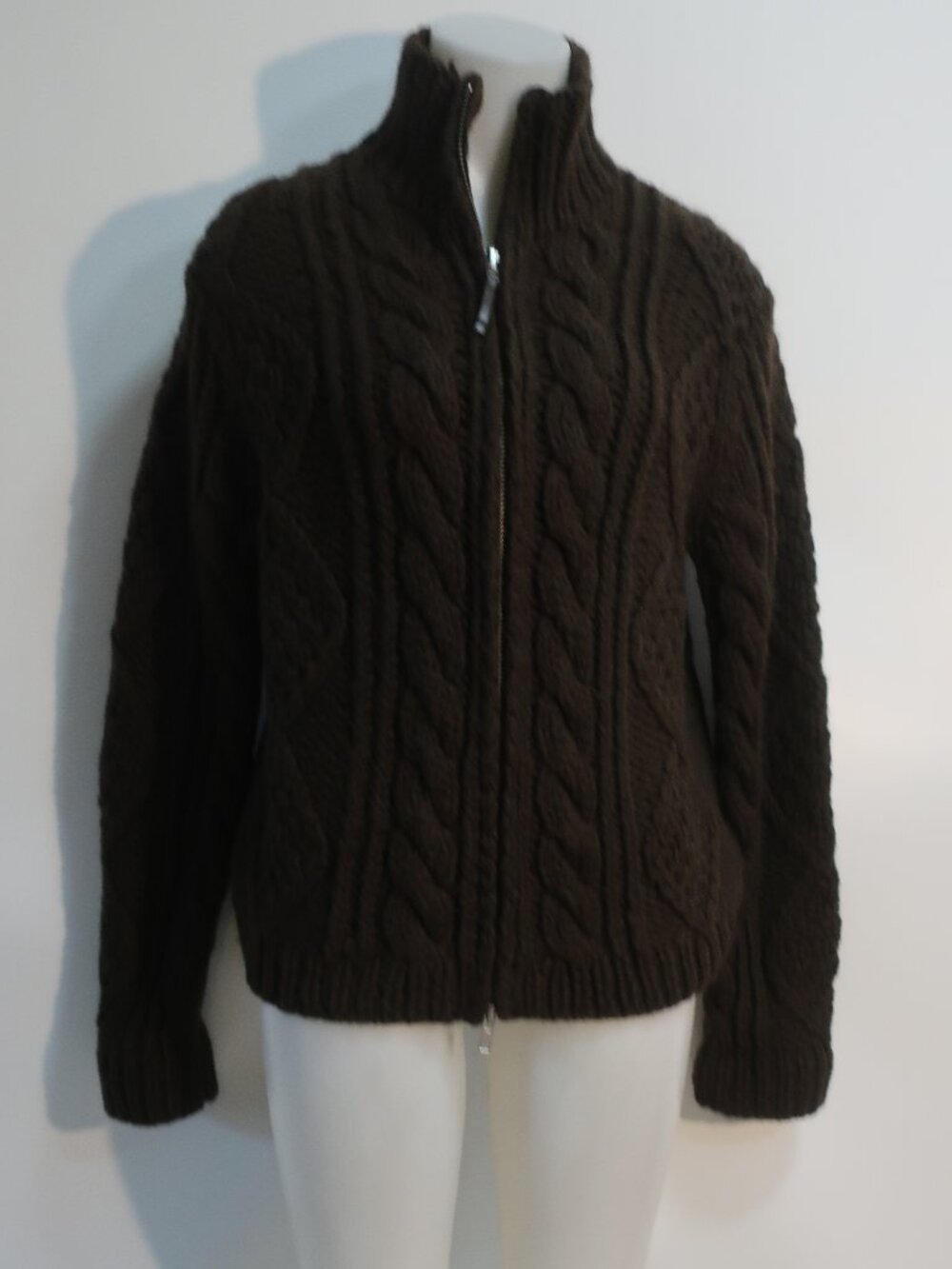 Womens Lucky Brand Brown (Item- 455) Hand Knit Woolens Zip Mock Neck Cardigan S